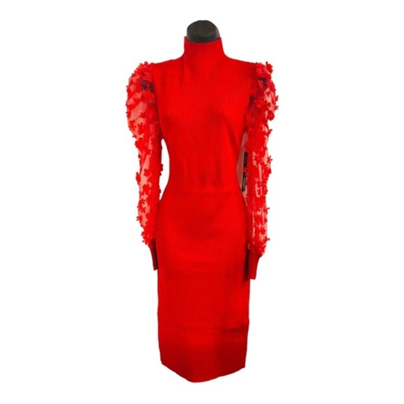 Red mockneck floral appliqué long sheer sleeve knit sweater dress size large new - Picture 1 of 16